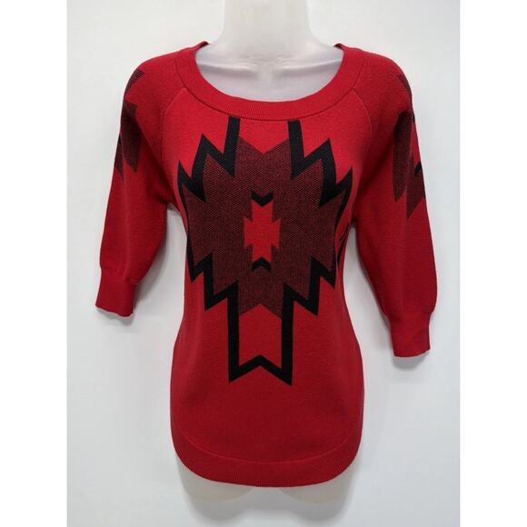 Express Women’s Sweater Size XS Red Aztec Geometric 3/4 Sleeve Warm - Picture 1 of 7
